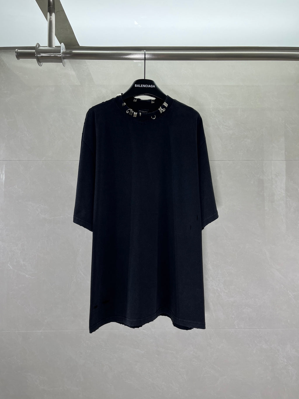 Balenciaga black short-sleeve top with embellished collar detail
