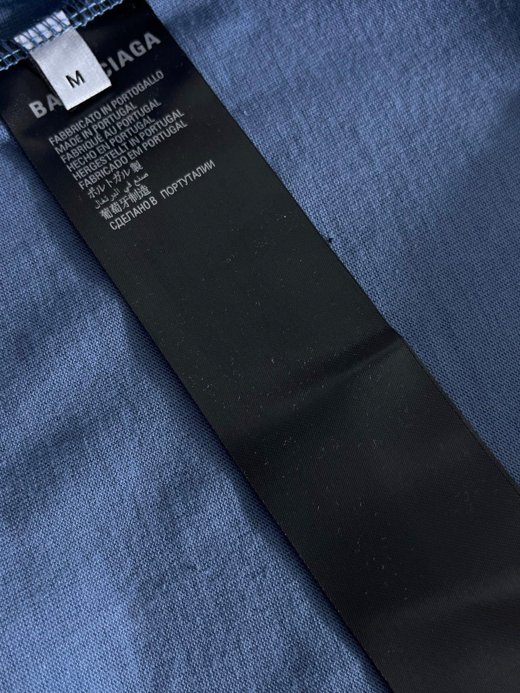 Balenciaga light blue T-shirt fabric label tag on inner neck