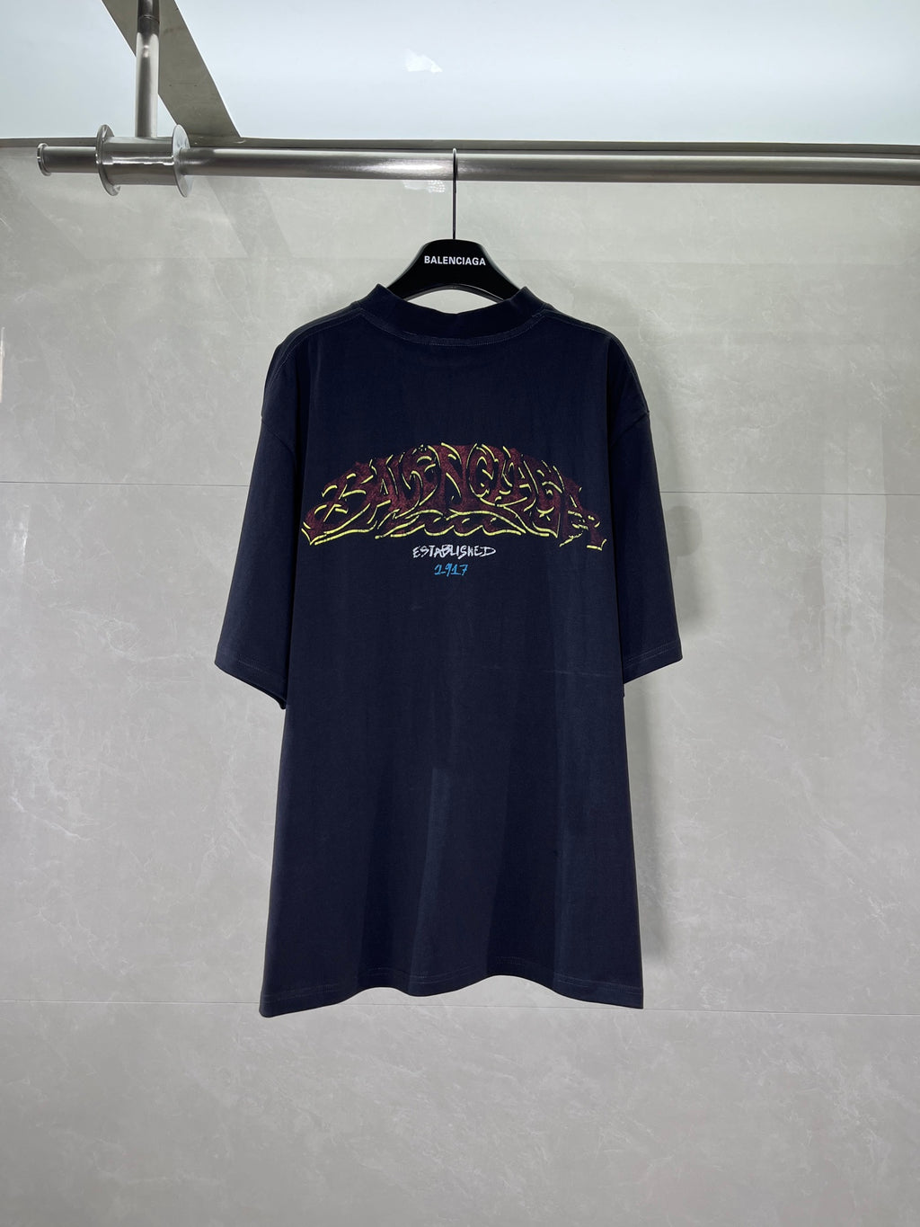 Balenciaga short-sleeve T-shirt, dark navy, centered front graphic print