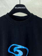 Black Balenciaga T-shirt, crew neck and blue front logo graphic