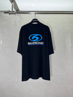 Black Balenciaga graphic T-shirt with blue logo on back