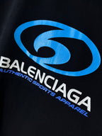 Black Balenciaga T-shirt with large blue logo graphic and white text