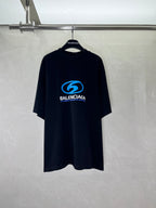 Black Balenciaga graphic T-shirt with blue logo on front
