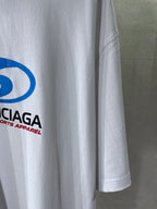 Balenciaga white T-shirt sleeve with partial blue logo and red text