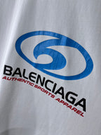 Balenciaga white T-shirt with large blue logo and red “Authentic sports apparel”