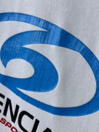Balenciaga white T-shirt close-up of large blue 6-style logo