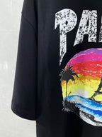Black T-shirt sleeve with part PARIS graphic featuring palms and Eiffel Tower