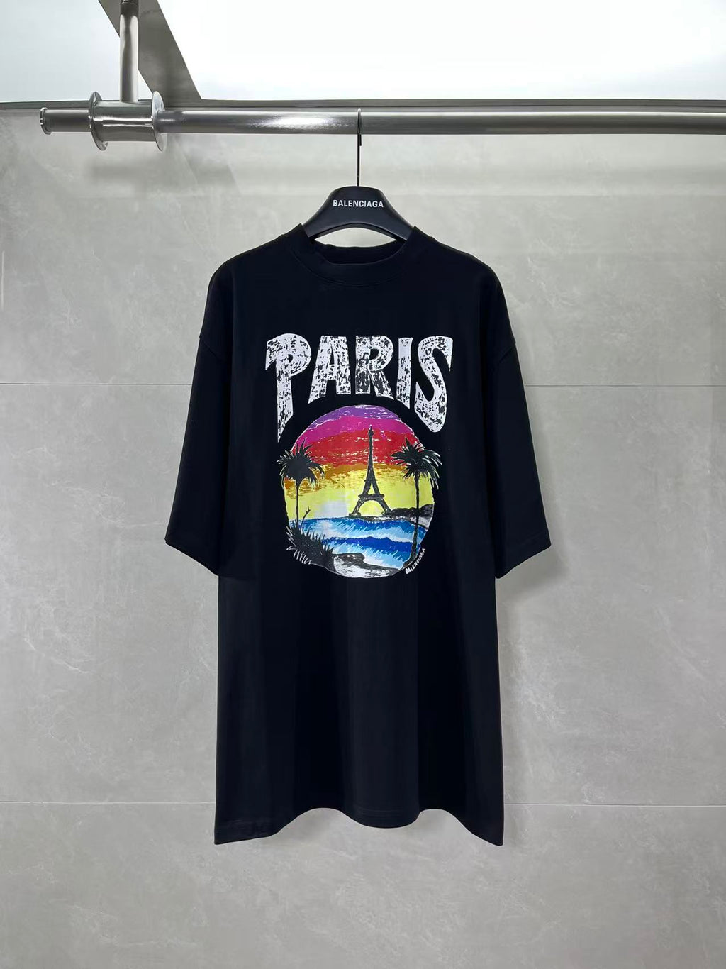 Black Balenciaga T-shirt with PARIS graphic, short sleeves and crew neck