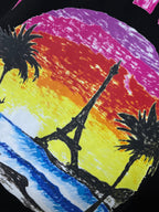 Balenciaga black T-shirt close-up of colorful beach sunset with palm trees