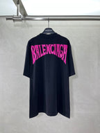 Balenciaga black T-shirt with pink BALENCIAGA text graphic on back