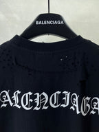 Balenciaga black T-shirt back with distressed logo across the upper section