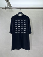Dark crew-neck T-shirt with short sleeves and repeating Balenciaga logo graphics on back