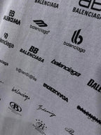 Balenciaga T-shirt fabric close-up with repeated logos and text details