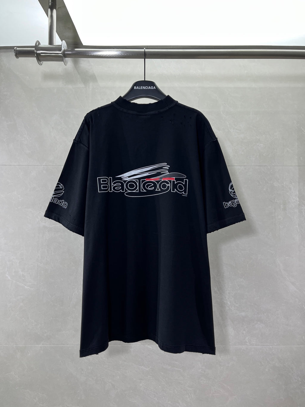 Balenciaga black graphic T-shirt with back logo print, short sleeves