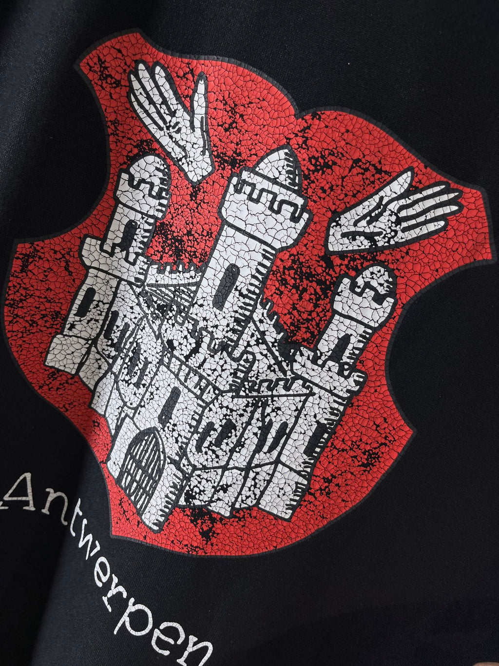 Balenciaga black T-shirt with large red-and-white Antwerp crest graphic