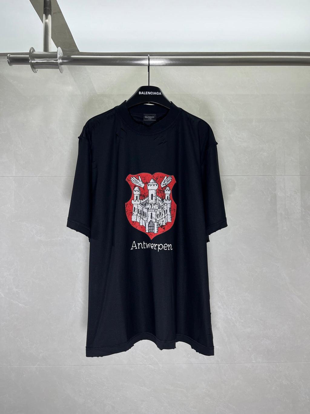 Balenciaga black graphic T-shirt with red and white Antwerp crest front