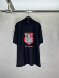 Balenciaga black graphic T-shirt with red and white Antwerp crest front