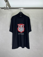 Balenciaga black graphic T-shirt with red and white Antwerp crest front