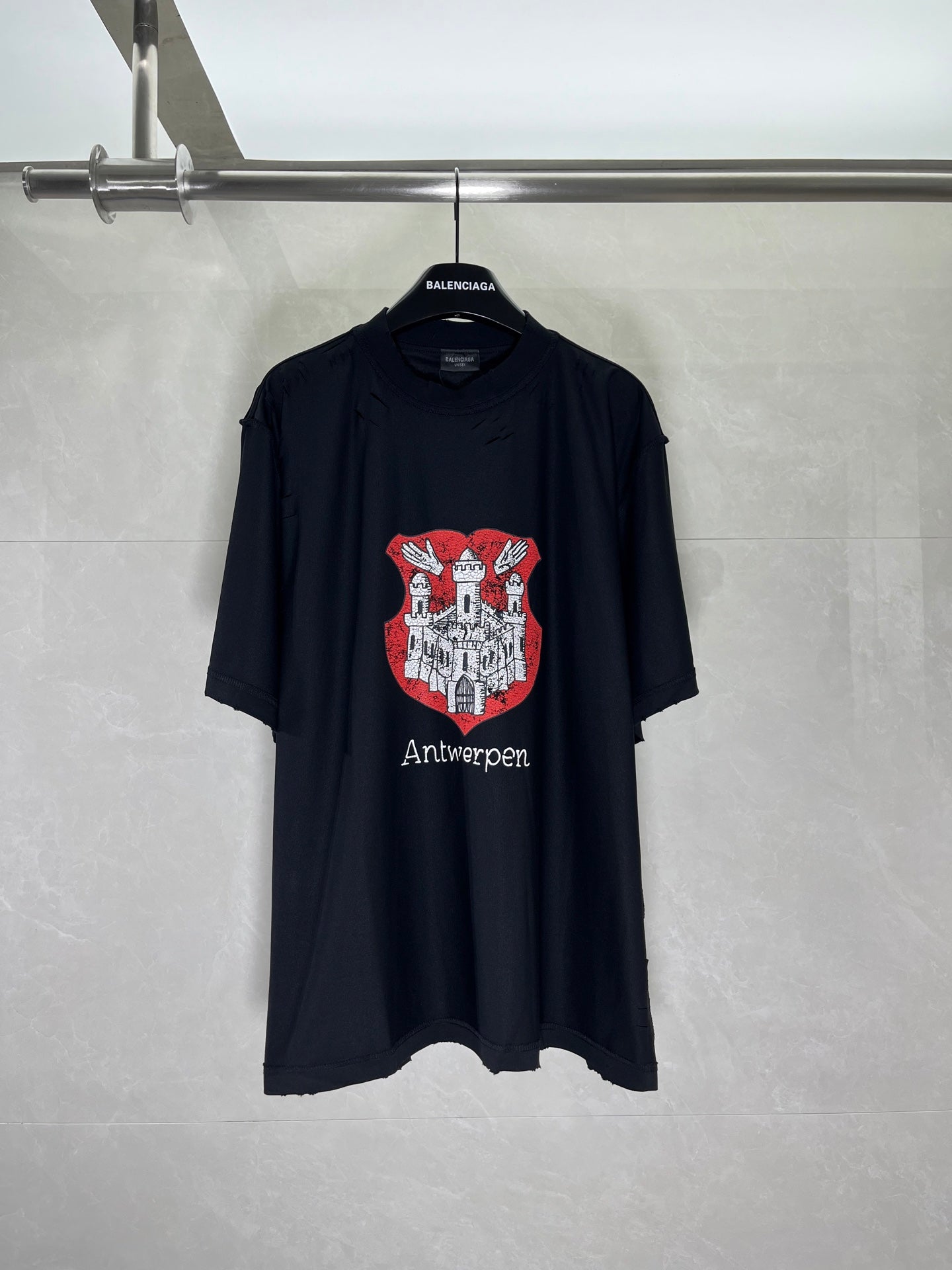 Balenciaga black graphic T-shirt with red and white Antwerp crest front
