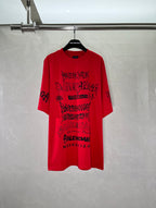 Red crew-neck T-shirt with large black graphic print on the front