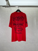 Red crew-neck T-shirt with black graphic print on the back