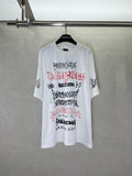 White graphic T-shirt with Balenciaga logo print on front, crew neck and short sleeves