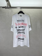 White graphic T-shirt with Balenciaga logo print on front, crew neck and short sleeves