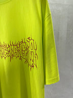 Lime green T-shirt with red back graphic and side sleeve view