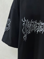 Black short-sleeve shirt with white logo graphic on sleeve