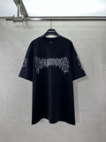 Black short-sleeve shirt with white graphic logo on front