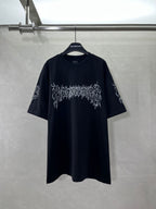 Black short-sleeve shirt with white graphic logo on front