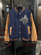 Long varsity jacket front with LV crest, gold snaps, and size measurement markings on display