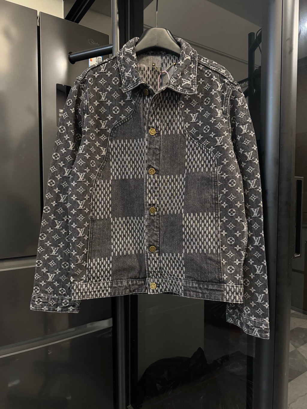 Louis Vuitton denim jacket with monogram and check front, button closure