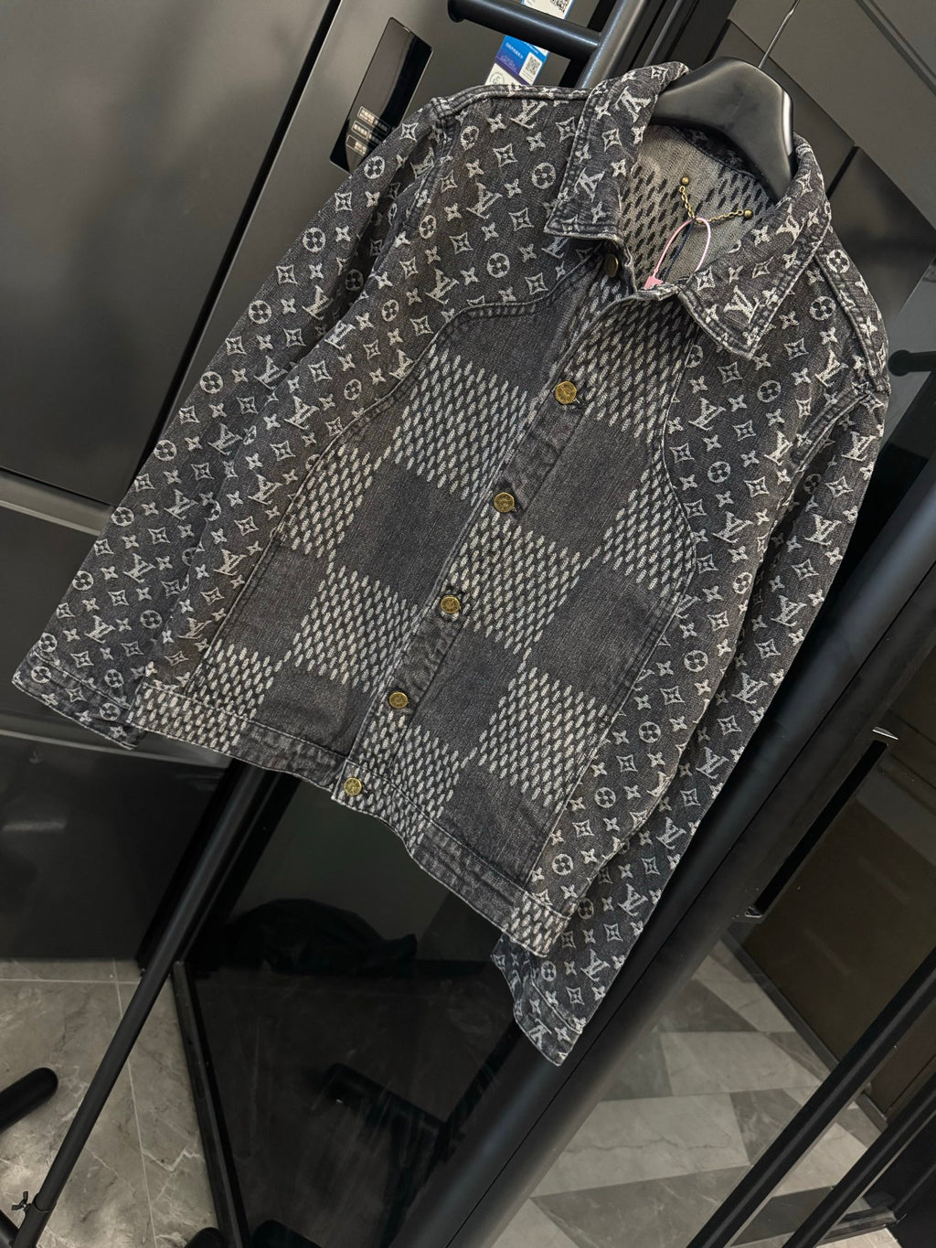Louis Vuitton denim jacket with monogram print and gray check panel, button front