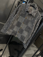 Louis Vuitton denim jacket with monogram print and gray check panel, button front