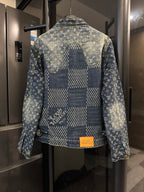 Louis Vuitton monogram denim jacket, back view with blue check panel