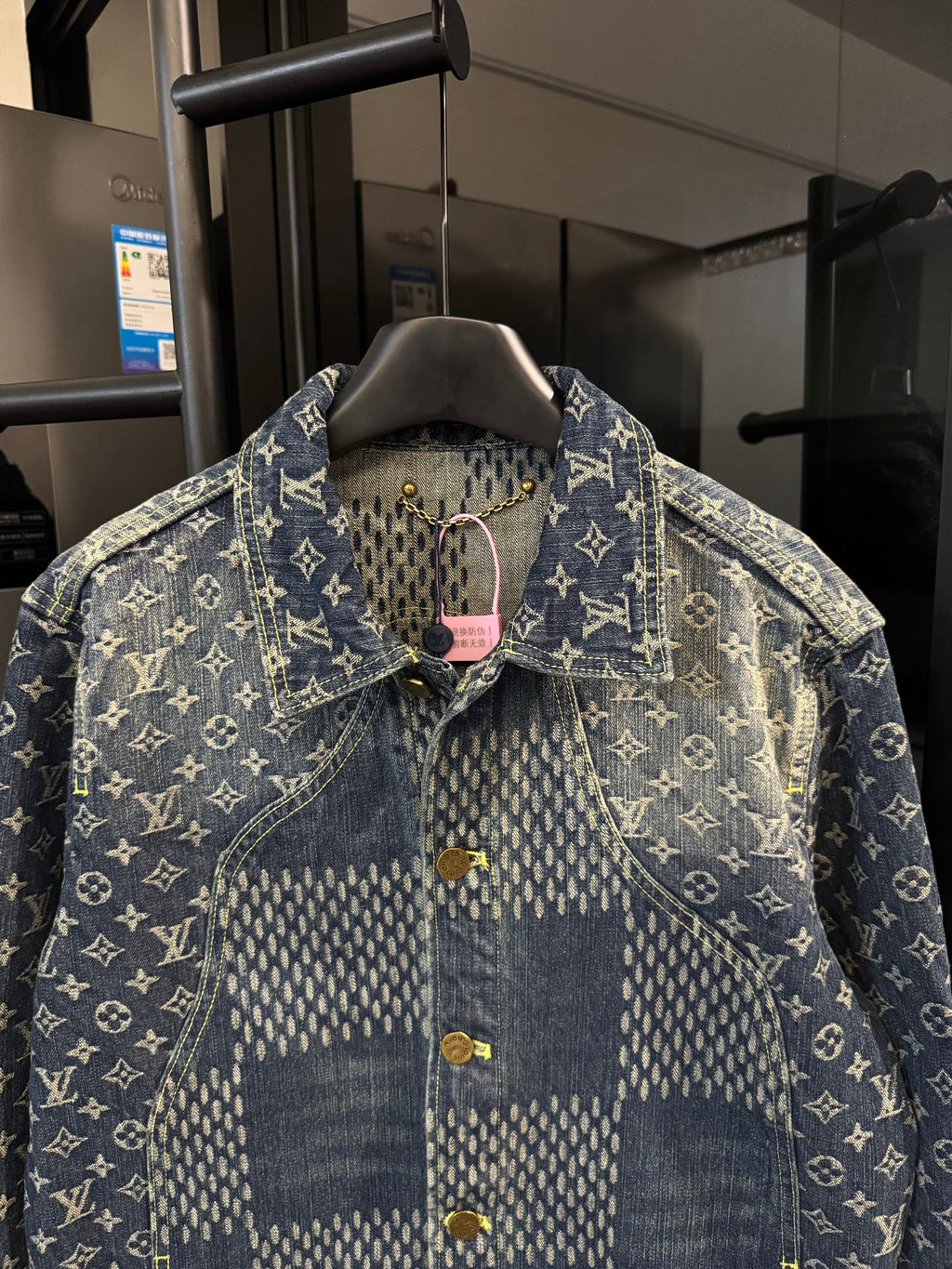 Louis Vuitton monogram denim jacket with collar and pink pull cord