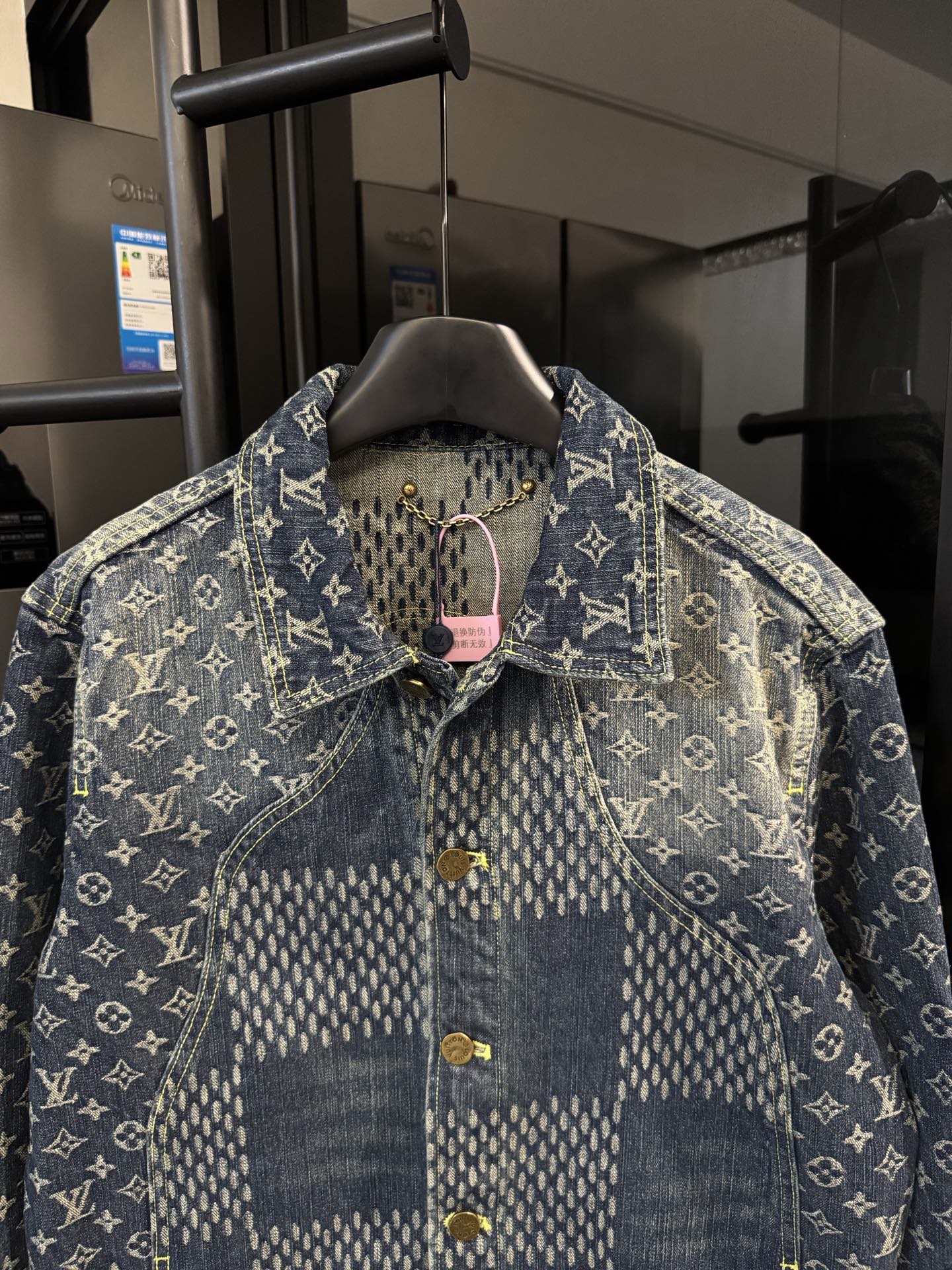 Louis Vuitton monogram denim jacket with collar and pink pull cord