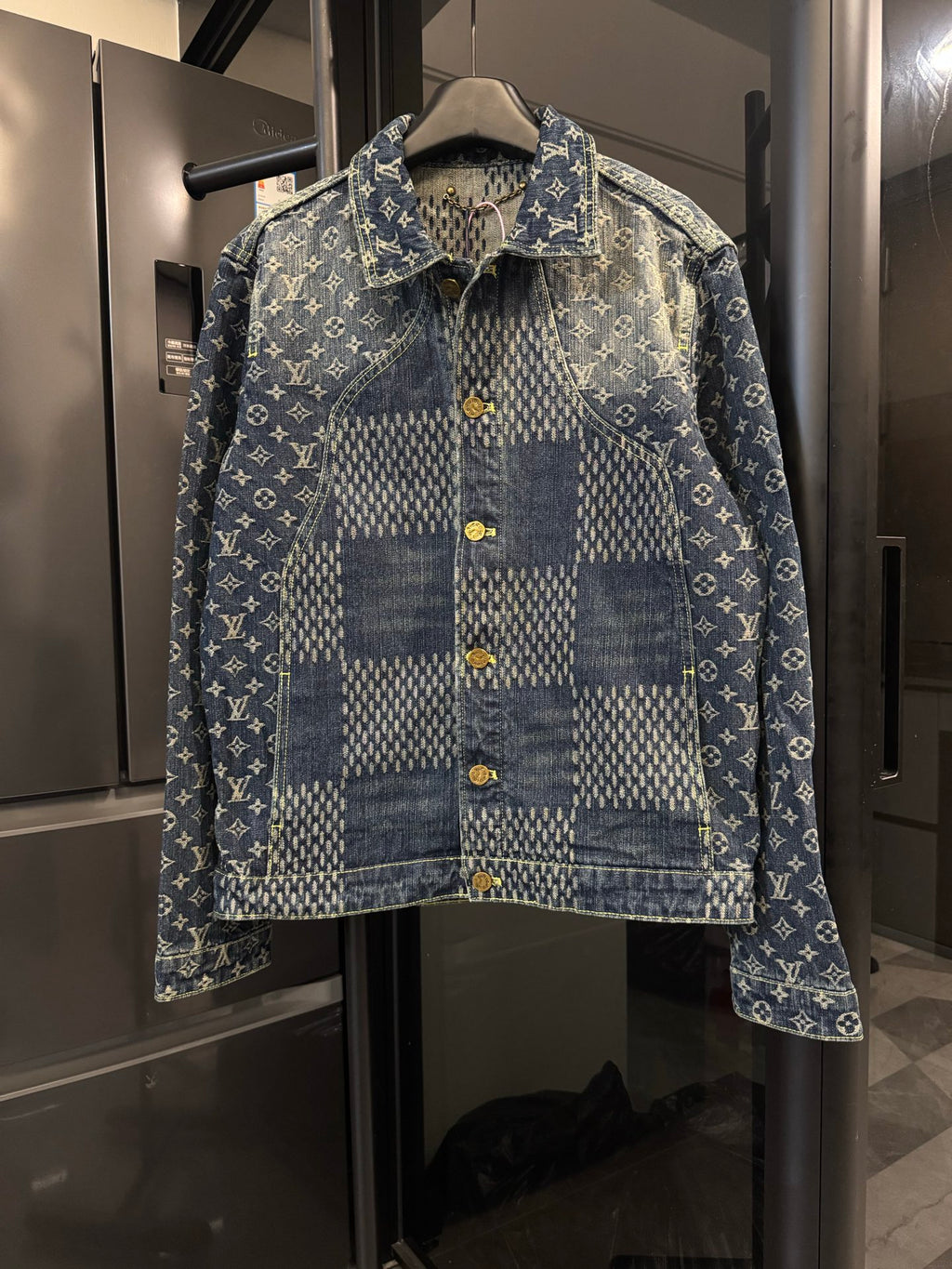 Louis Vuitton monogram denim jacket with blue check panel and yellow buttons
