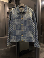 Louis Vuitton monogram denim jacket with blue check panel and yellow buttons