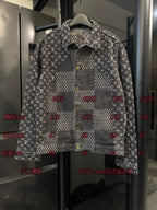 Louis Vuitton denim jacket front with monogram print and check center panel, button front