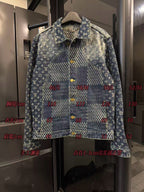 Louis Vuitton monogram denim jacket on hanger with size numbers overlaid