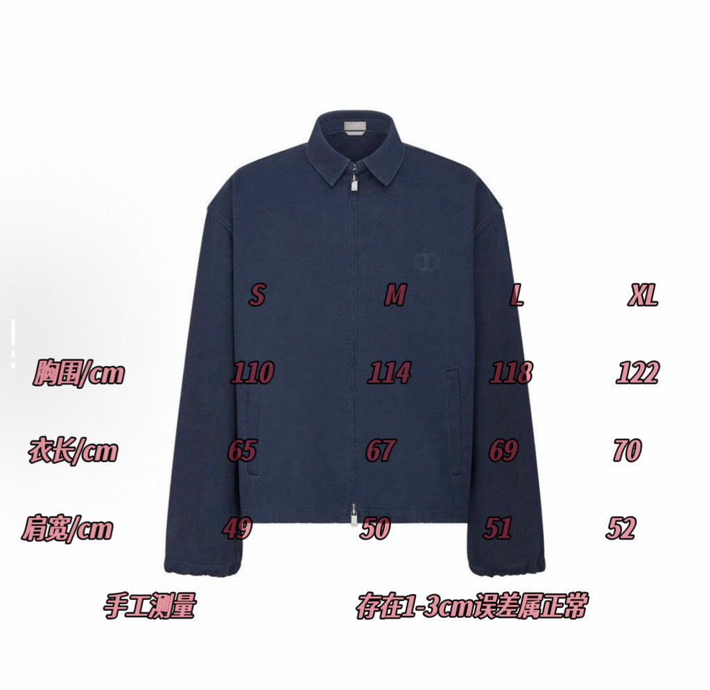 Size chart for dark navy long-sleeve zip jacket with sleeve and chest measurements (cm)
