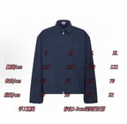 Size chart for dark navy long-sleeve zip jacket with sleeve and chest measurements (cm)