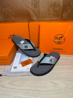 Hermes thong sandals set, dark gray soles with gray H logo straps