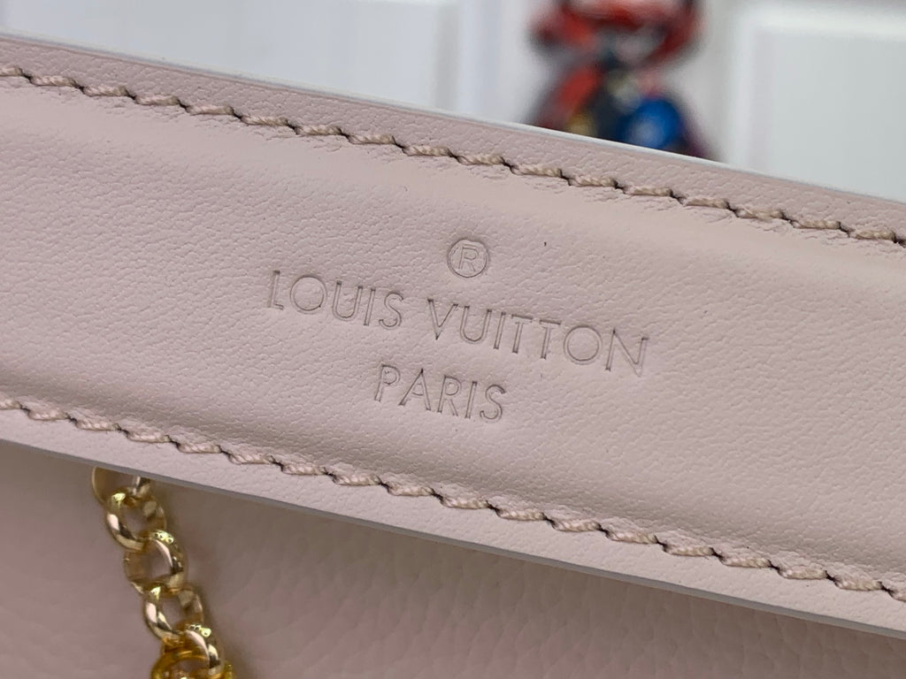 Louis Vuitton handbag strap close-up with debossed 'Louis Vuitton Paris' text