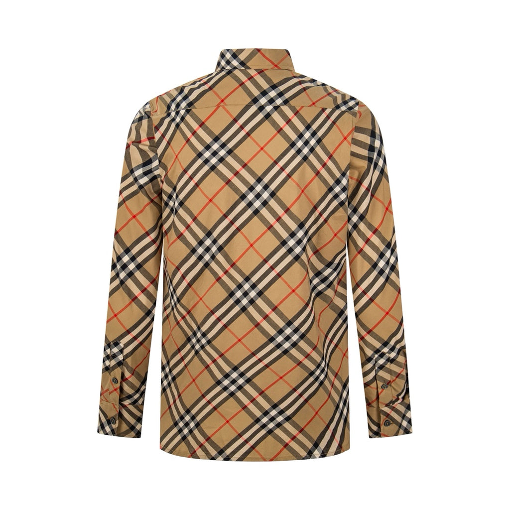 Plaid long-sleeve button-up shirt, back view with yoke and cuffs