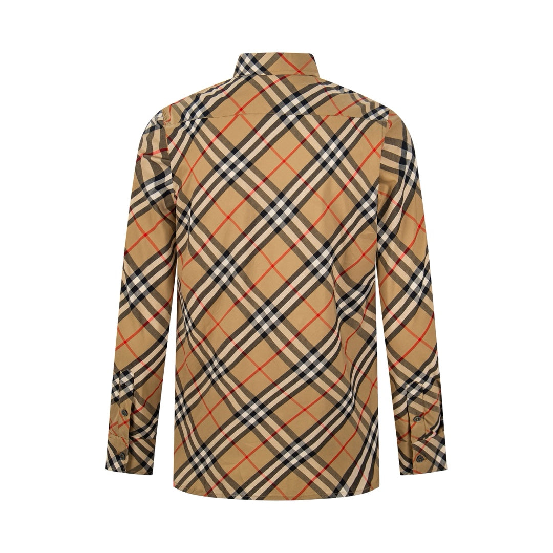 Plaid long-sleeve button-up shirt, back view with yoke and cuffs