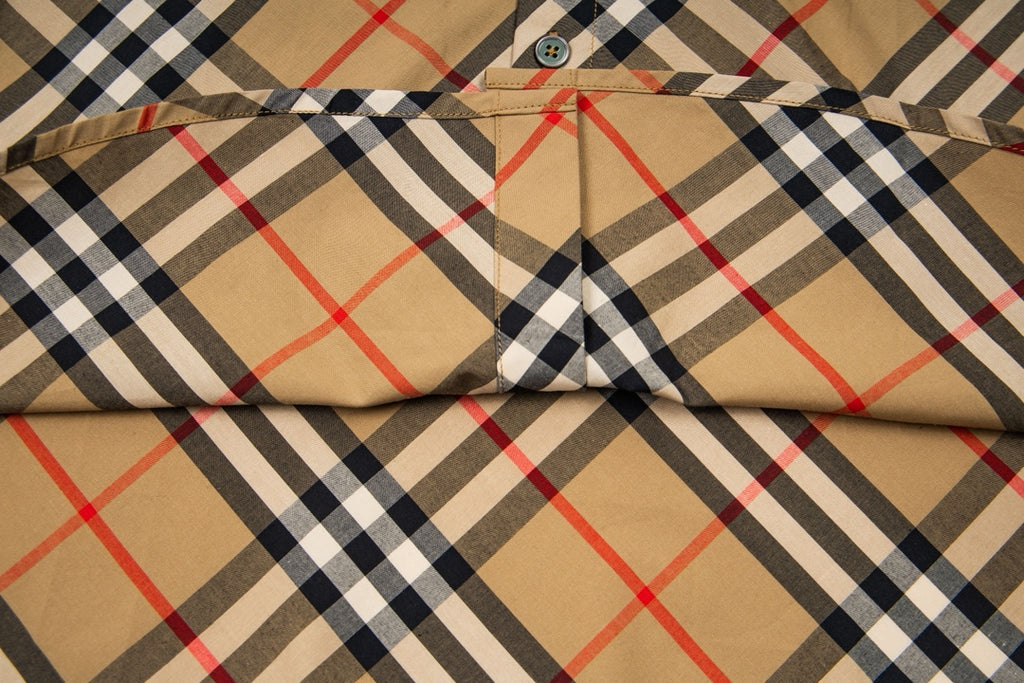 Plaid long-sleeve shirt hem and back pleat detail with button