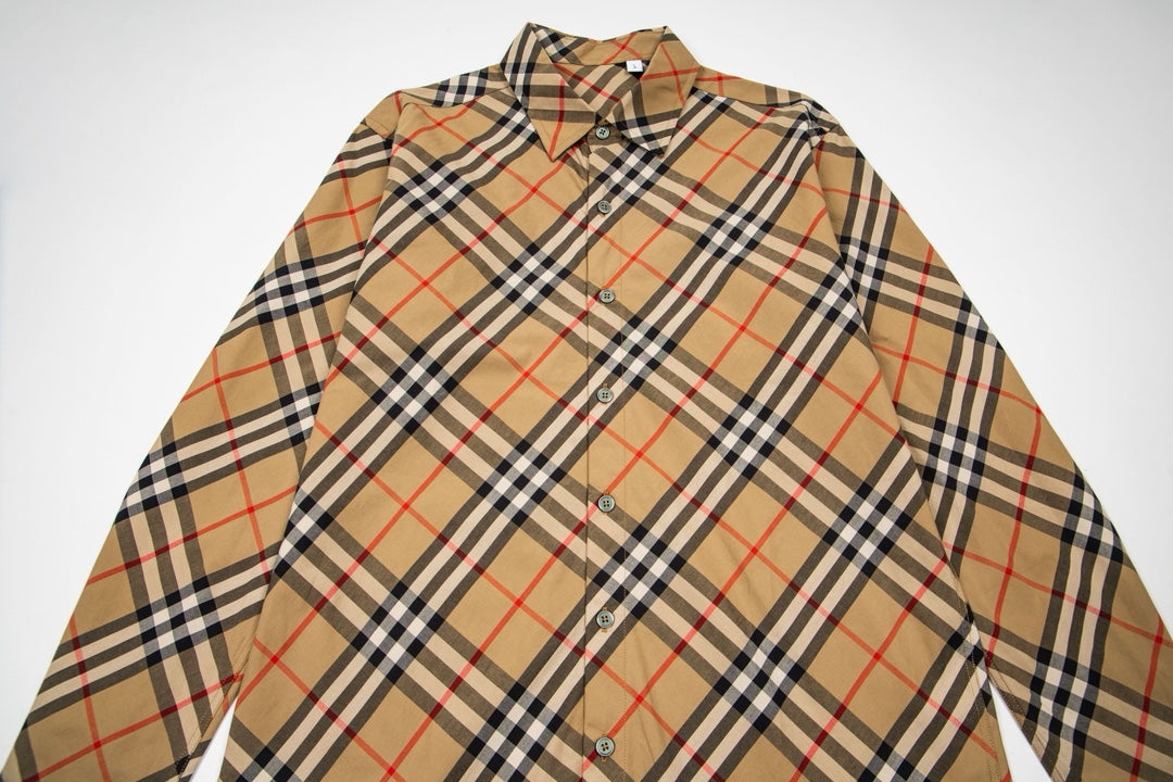 Plaid long-sleeve shirt close-up of button placket and open collar